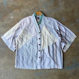 Sacred Threads Patchwork Top Size S/M Short Sleeve Striped Oversized Boho Cotton